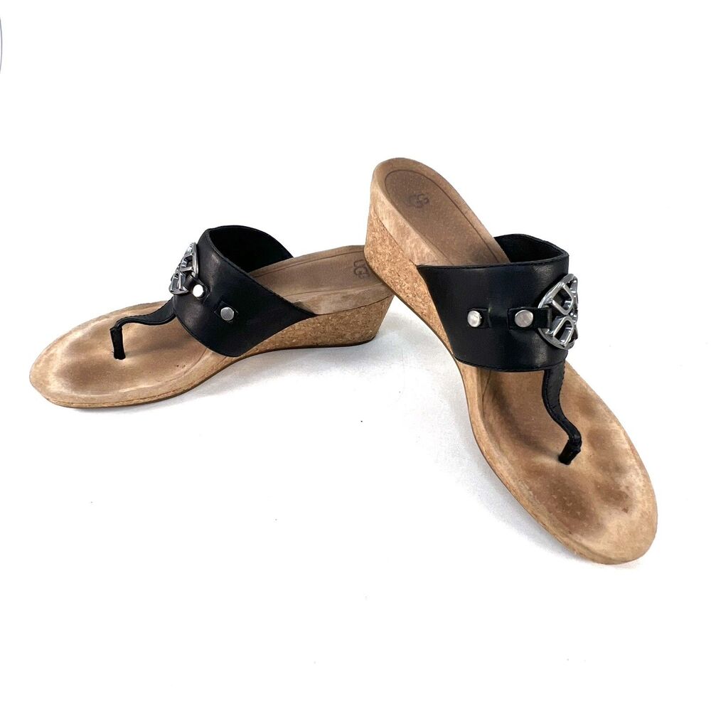 UGG Womens Size 8 Briella Thong Sandals Cork Wedge Black 1011548